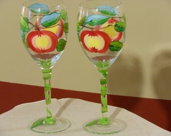 Pair of Hand Painted Long Stem Wine Glasses