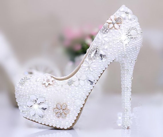 Items similar to Sparkle white Crystal Wedding Shoes,Custom Bling Pearl ...