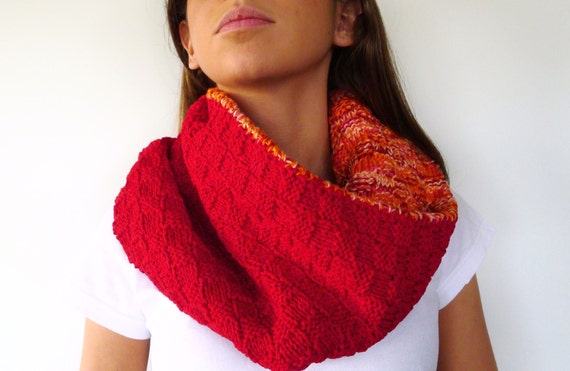 Bufanda roja. Bufanda reversible. Bufandas de punto con dos agujas, Bufandas tejidas para