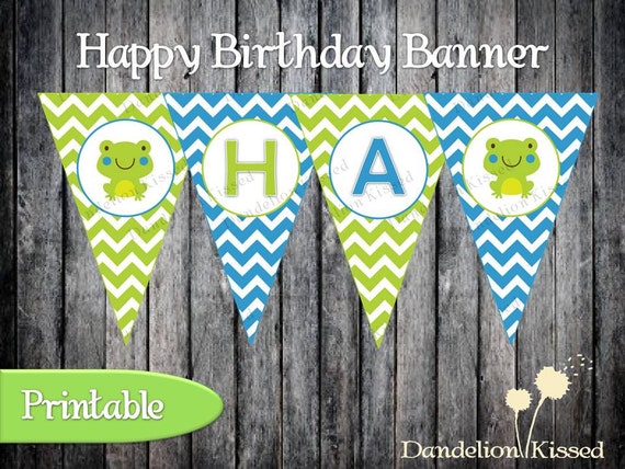 blue green frog happy birthday digital printable banner