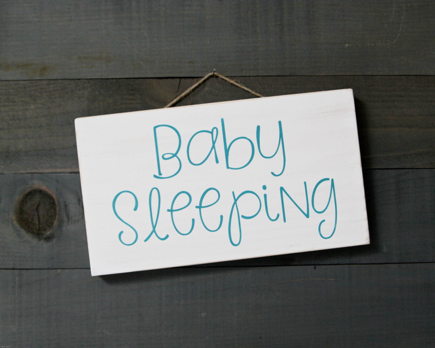 Baby Sleeping door sign in white and aqua 5x10