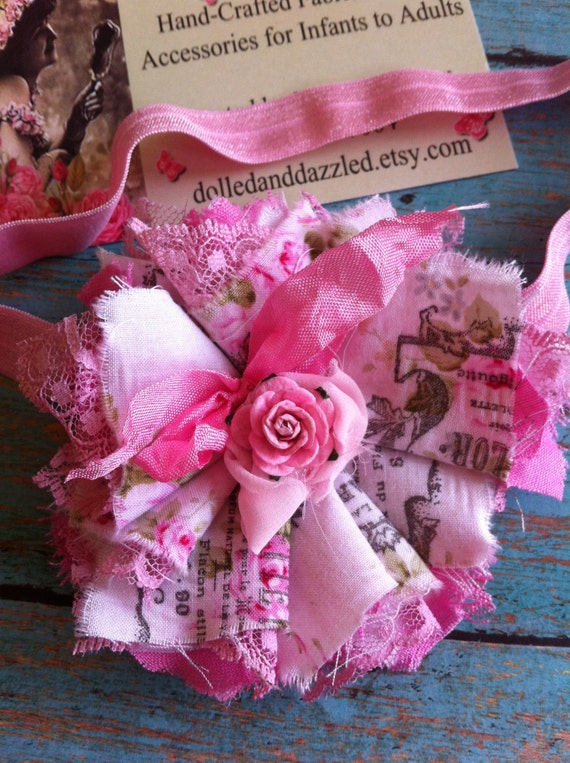 Pink French Script Shabby Headband/ Infant, Girl's Headband/ Girl's Hairclip/ Womens Brooch/ Hat Embellishment/ Shabby Chic Headband/ Brooch