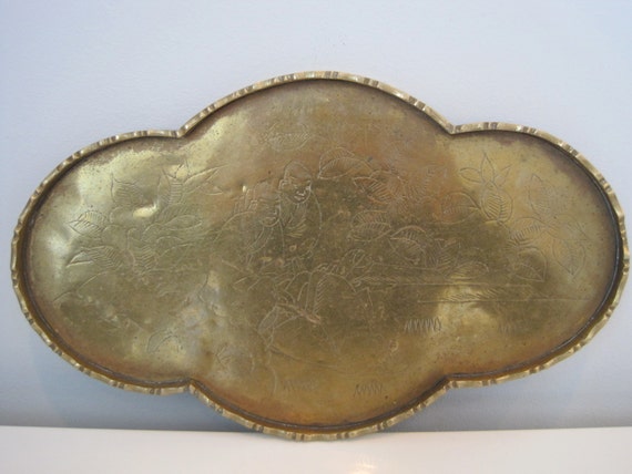 Vintage Chinoiserie Etched Brass Tray 8505