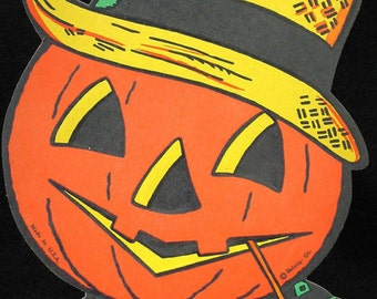 vintage beistle halloween decoration jack o lantern wearing straw hat diecut embossed - Beistle Halloween Decorations vintage beistle halloween decoration jack o lantern wearing straw hat diecut embossed - Beistle Halloween Decorations