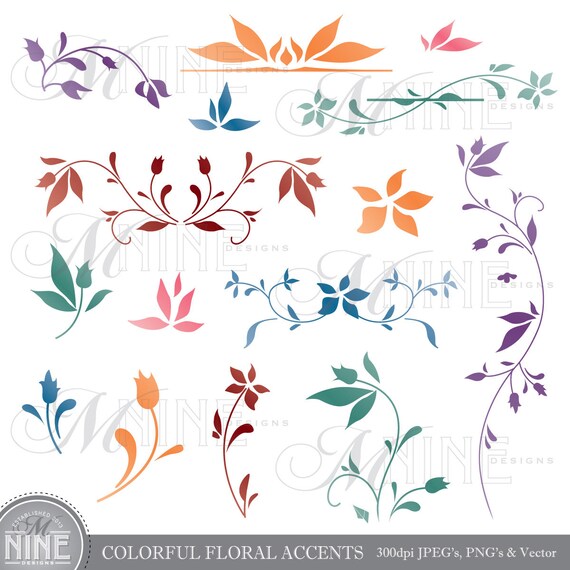 COLORFUL FLORAL ACCENTS Digital Clipart Design Elements