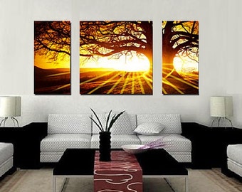 SALE 3 Piece Landscape Sunset and Tree Print, Stretched Canvas, Ready ...