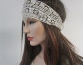 Ivory Lace crochet  Headband in Ivory crystals Lacey Wide Headband Vintage Pattern Stretchy Wedding Hair Band