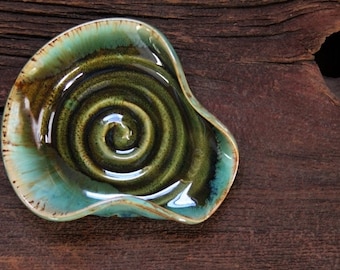 Stoneware pottery spoon rest Rainbow Trout Green Turquoise tone