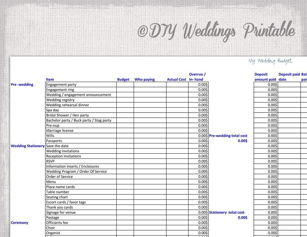 free printable wedding budget worksheet