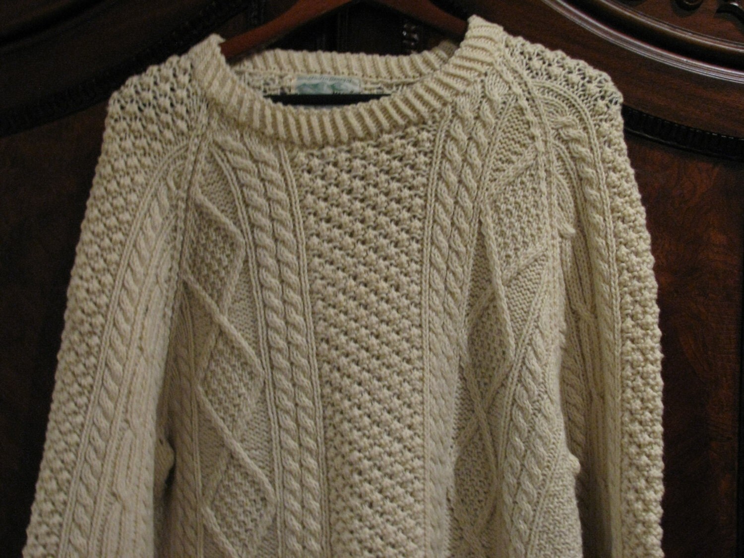 Hand knit Irish fisherman's cable knit wool sweater. by BlueMesa