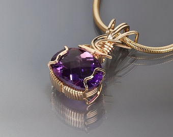Amethyst gold pendant, Amethyst, Wire wrapped jewelry, Gold, Gem stone,Art,Handmade jewelry, Wire wrapped pendant,February birthstone,Purple