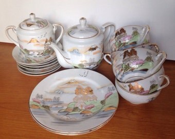 Vintage Kutani Tea set for 6 16 pcs White With Gold And Lithopane cups