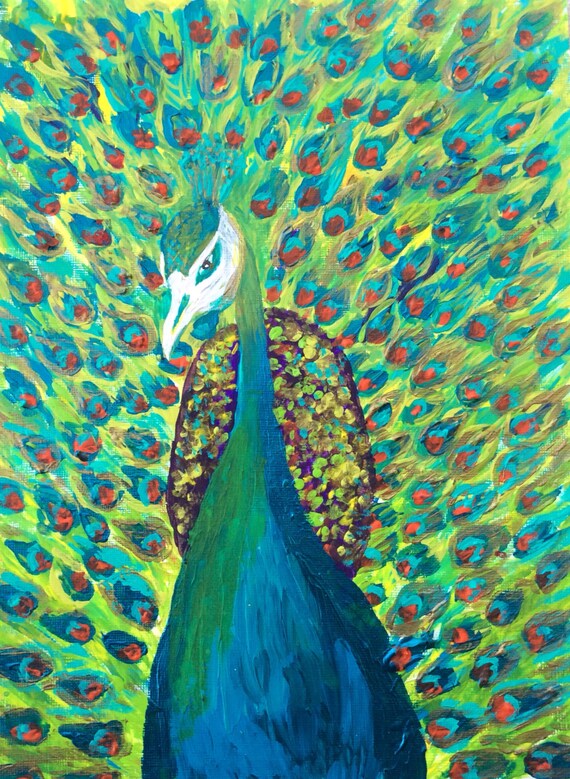 Vibrant acrylic painting of a Peacock by iCreativeKid on Etsy