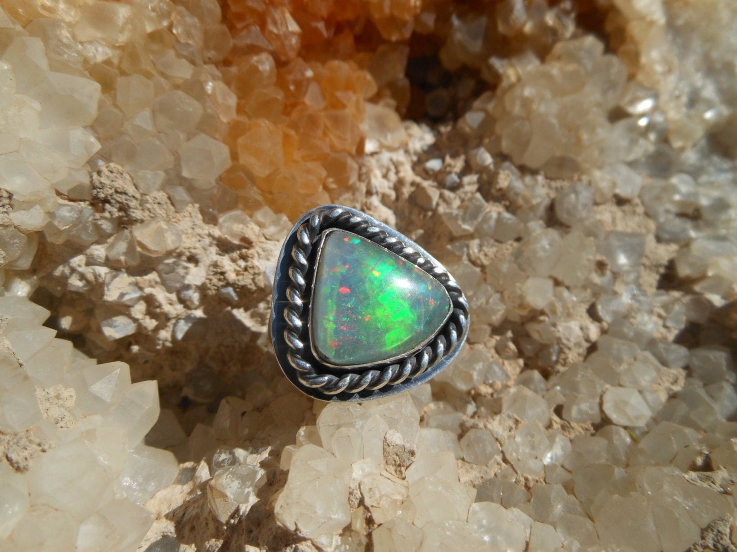 Idaho Spencer Opal triplet triangle ring hand by DesertRocknSilver