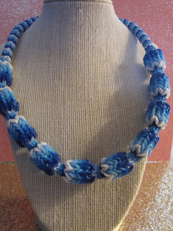 Rainbow Loom Necklace 20 inches Shades of Blue with white