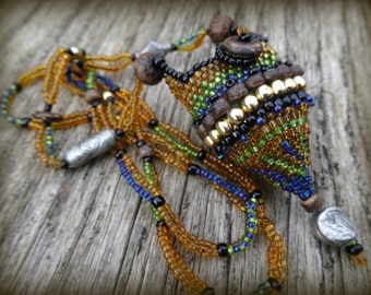 AMULET BAG Bohemian Blue Green Gold Wood Brass. Beadwoven Purse.