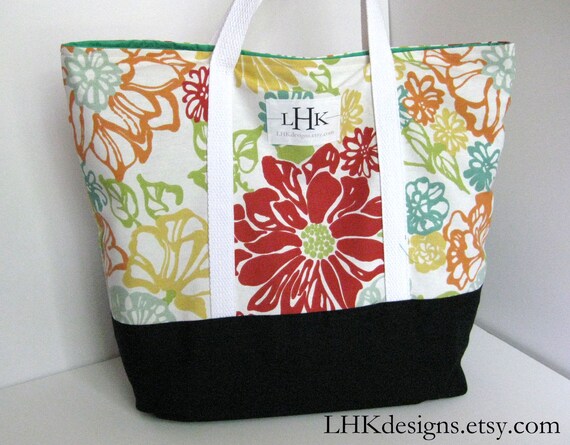 Heavy duty extra large tote bag in floral and black by LHKdesigns