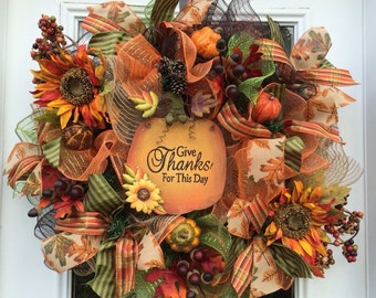 Deluxe Fall mesh wreath, Fall deco mesh wreath,Autumn deco mesh wreath, Rustic fall wreath,pumpkin wreath. Fall Front door wreath, Thanksgiv