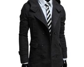New Men Hooded Wool Long Coat Slim fit