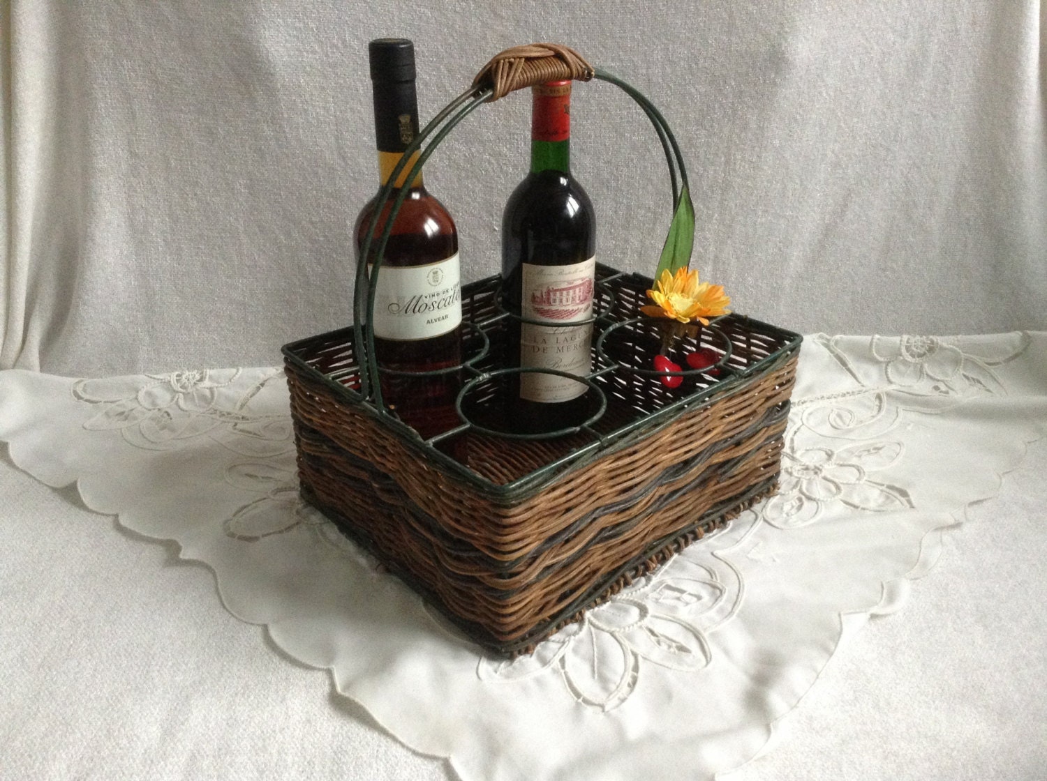 Vintage French Wicker Wine / Bottle Basket by ScottsFrenchTreasure