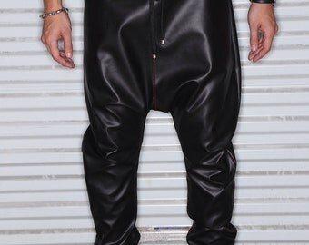SALE Black Faux Leather - Mens / Woman's Drop Crotch Pants / Harem ...