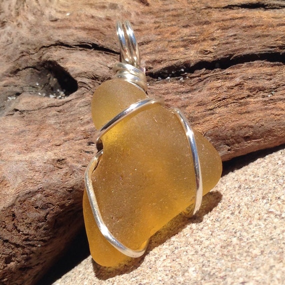 Items similar to Honey Amber Genuine Sea Glass Handcrafted Silver Wire ...