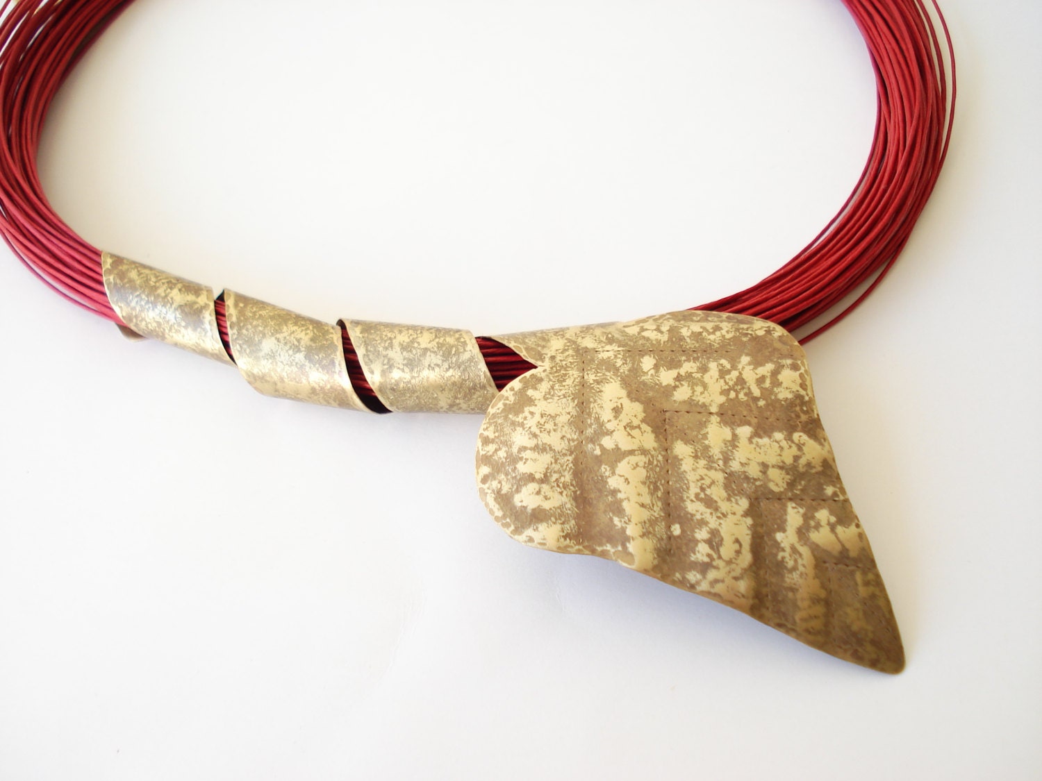 Hammered Bronze Red Multi Strand Cord Statement Necklace