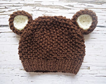 Crochet teddy bear Hat, Newborn bear hat, Baby teddy bear hat, Brown teddy bear hat