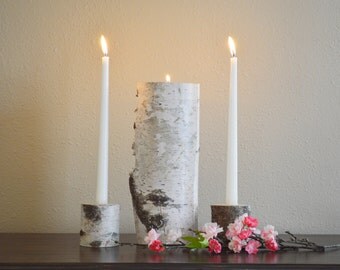 Unity Candle Holder Set - Wedding Ceremony, Birch Natural Unity Candle, Vintage Wedding, Rustic Wedding Unity Candle