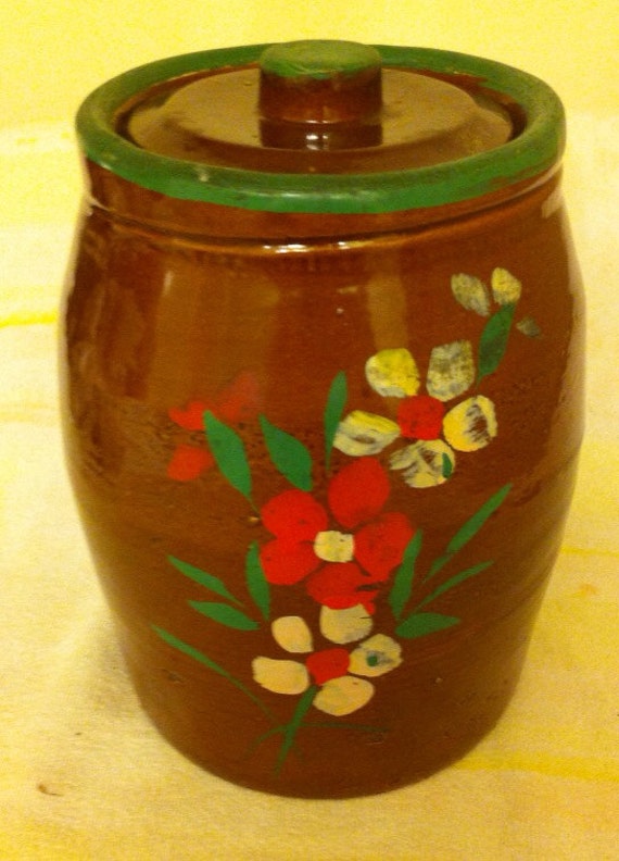 Items similar to Vintage Brown Floral Crock Cookie Jar on Etsy