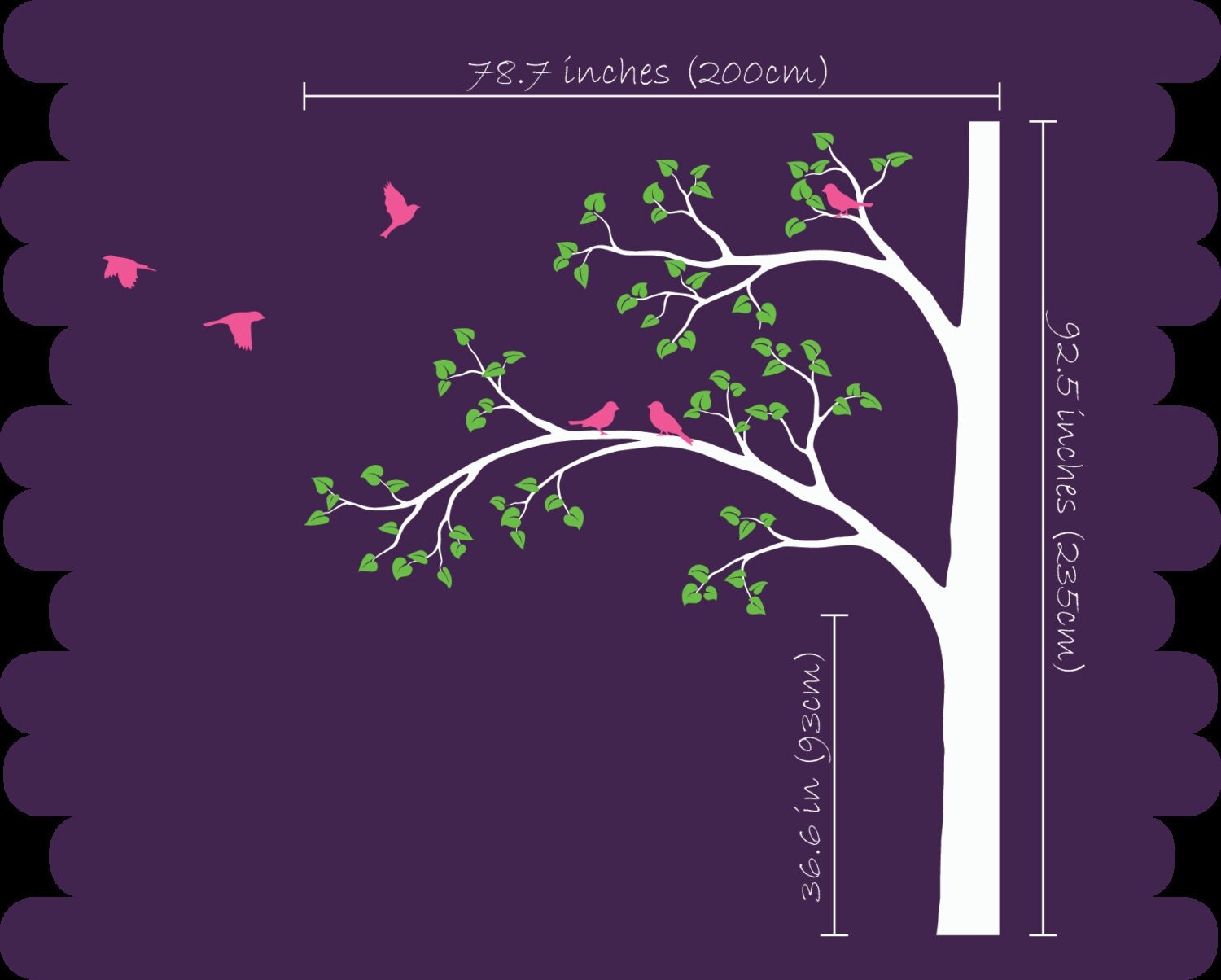 White Tree Wall Decal Huge Corner Tree with Leaves and Birds