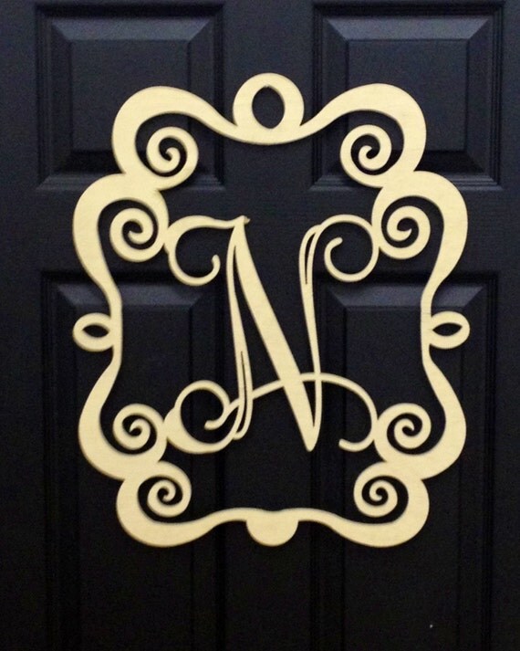 Items similar to Unfinished Wood Initial with scroll frame 20" DIY Door Hanger on Etsy