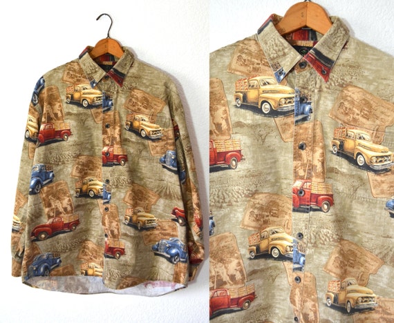 VTG Mens Car Print Shirt Unique Mens Shirts Mens Button