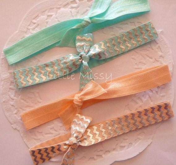 Set of FOUR HEADBANDS Baby Girl Toddler Lady Silver CHEVRON Print fold over elastic hair band