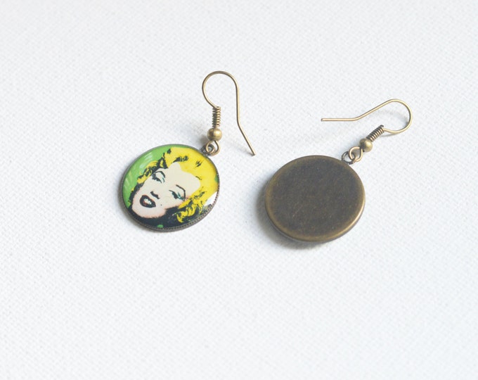 POP ART Earrings metal brass epoxide resin with the image of Monroe, Green and Yellow