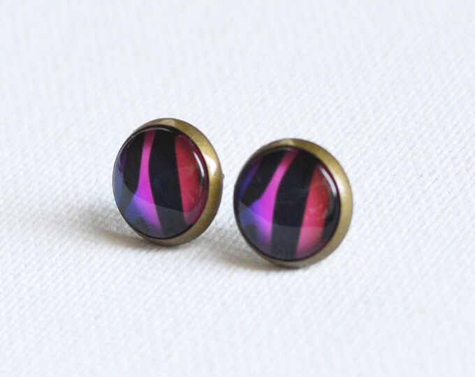 ANIMAL PRINT Stud Earrings metal brass depicting skin, Glamour, Style, Colorful, Rainbow, Strips, Violet, Purple, Pink, Red and Black