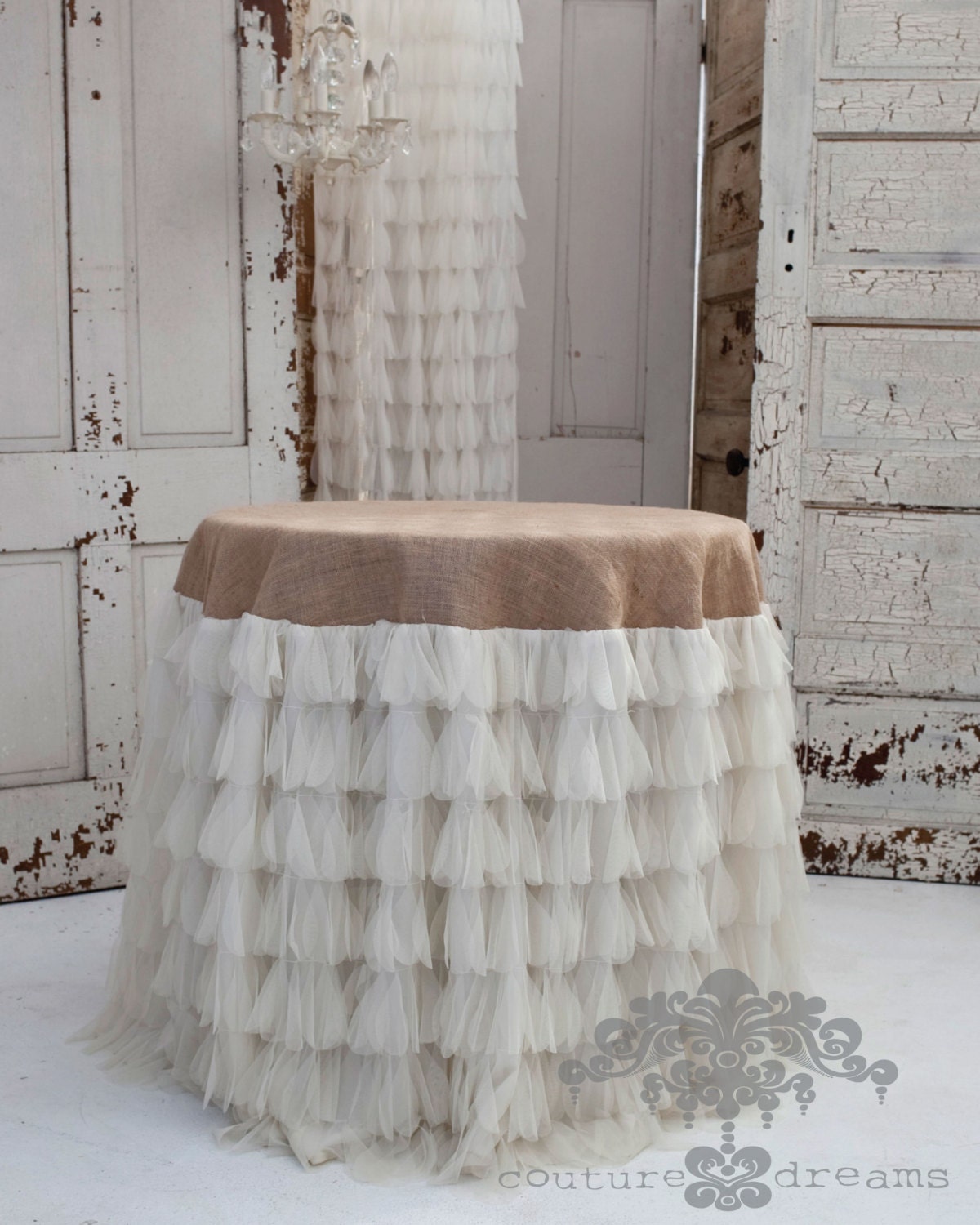 Chichi Ivory Petal And Jute Tablecloth Tulle Tulle And Burlap Tablecloth Zoom