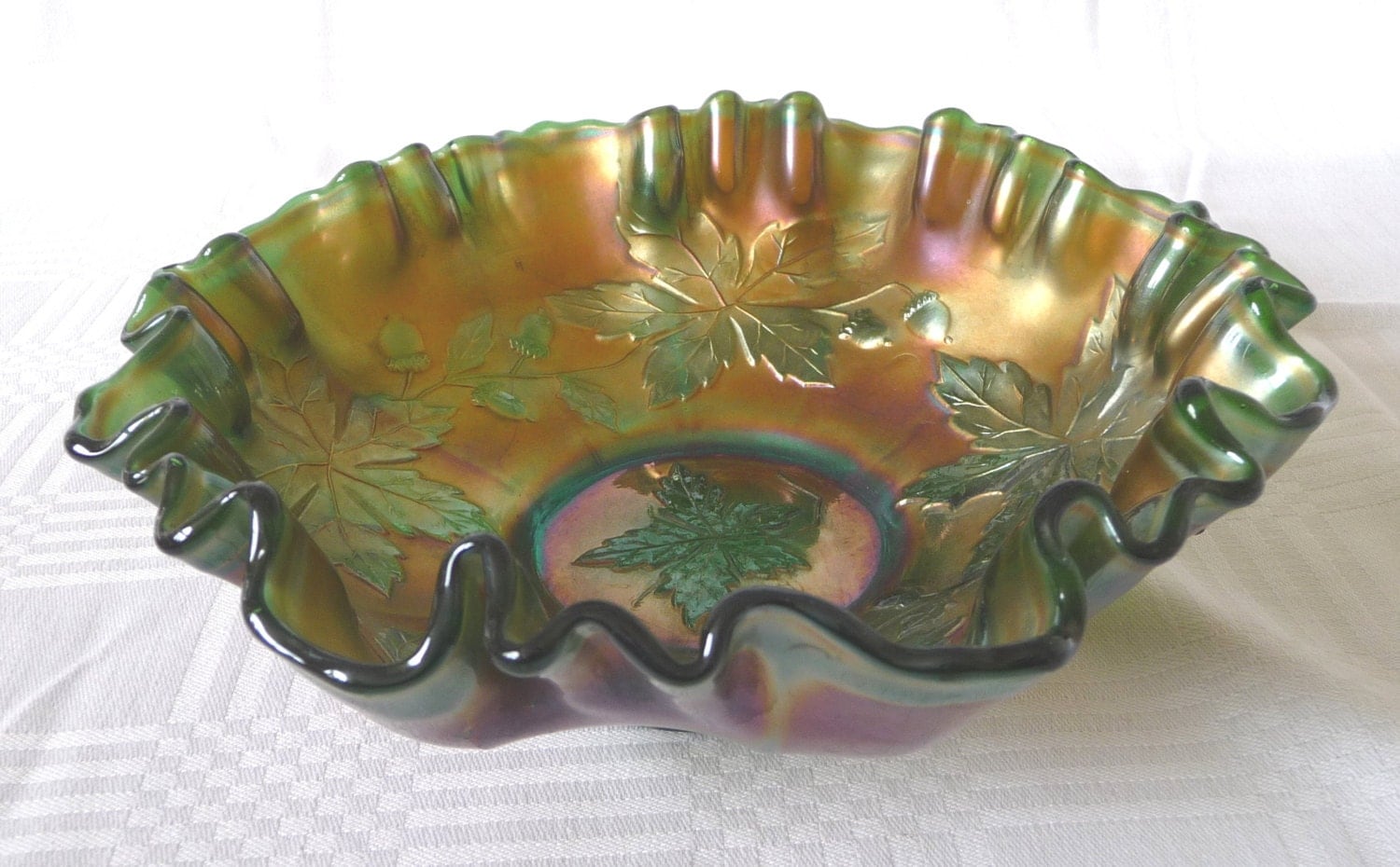 Green Iridescent Carnival Glass Bowl Leaves By Gaslighttreasures 4243