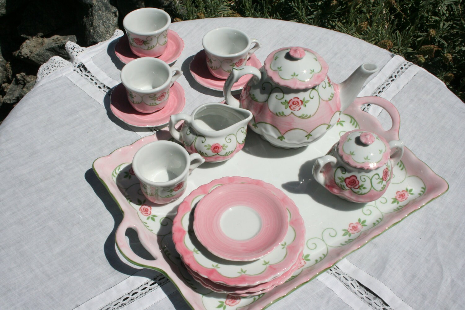 Children's Tea Set hand painted with pink by CactusHillCottage