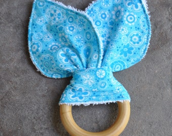 Natural Wooden Teething Ring - Blue Bunny Ears Teether - A Waldorf and Montessori Inspired Baby Natural Toy and Teether