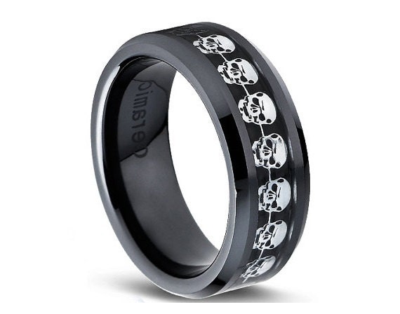 Items similar to Black Ceramic Skull Wedding Band, Biker Ring, Mens ...