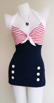 Vtg 50s Bettie Women Swimsuit in Navy Blue Polka Retro Vintage Sailor ...