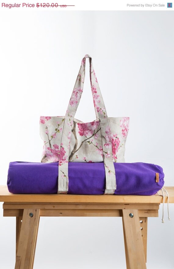 Spring Sale Purple Yoga Mat Bag Pink Sakura Tote by KlothoBags