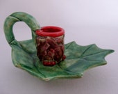 Holly Berry Leaf Candle Holder Hand Painted Signed SW 1984 Christmas Winter Decoration