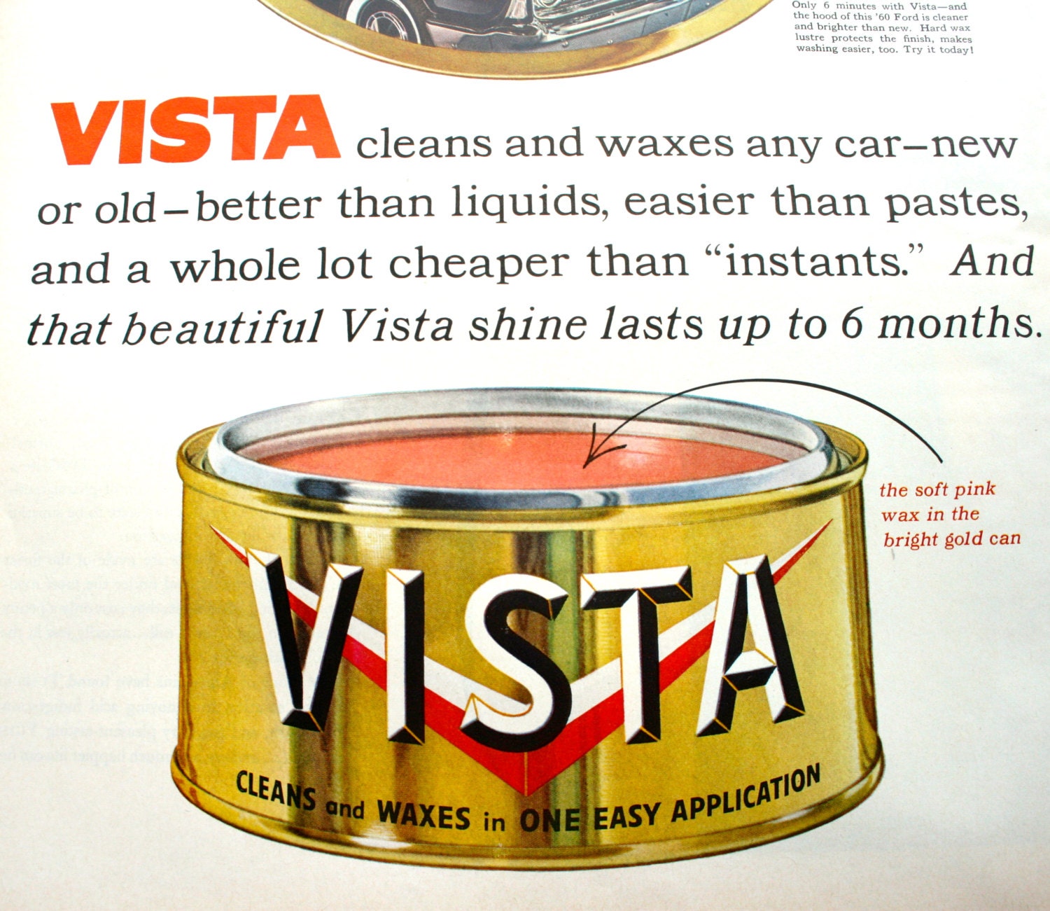 Vintage Car Ad 1960 Vista Car Wax by Simoniz Cleans and