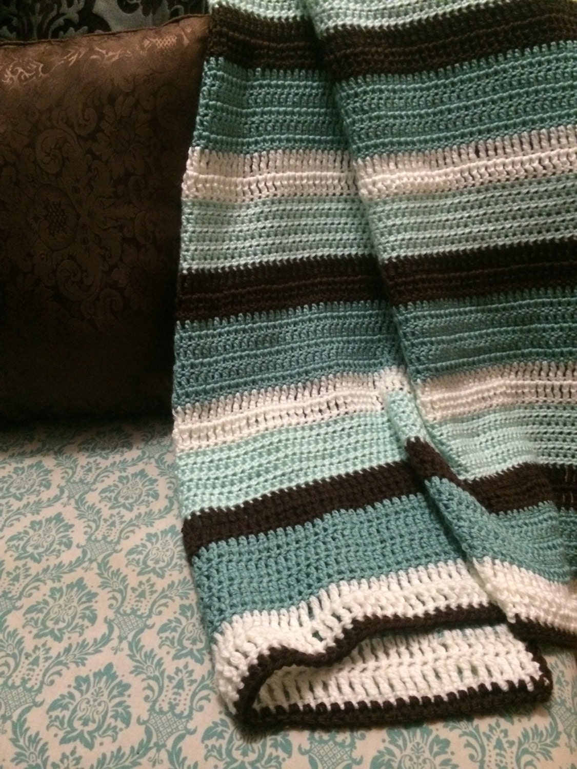 Handmade Striped Crochet Blanket in Neutrals and Mint