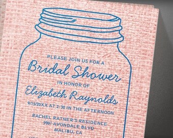 Blue Rustic Burlap Mason Jar Bridal Shower invites
