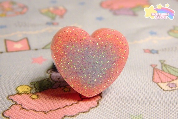 Pink Cloudy Blue Glitter Heart Ring