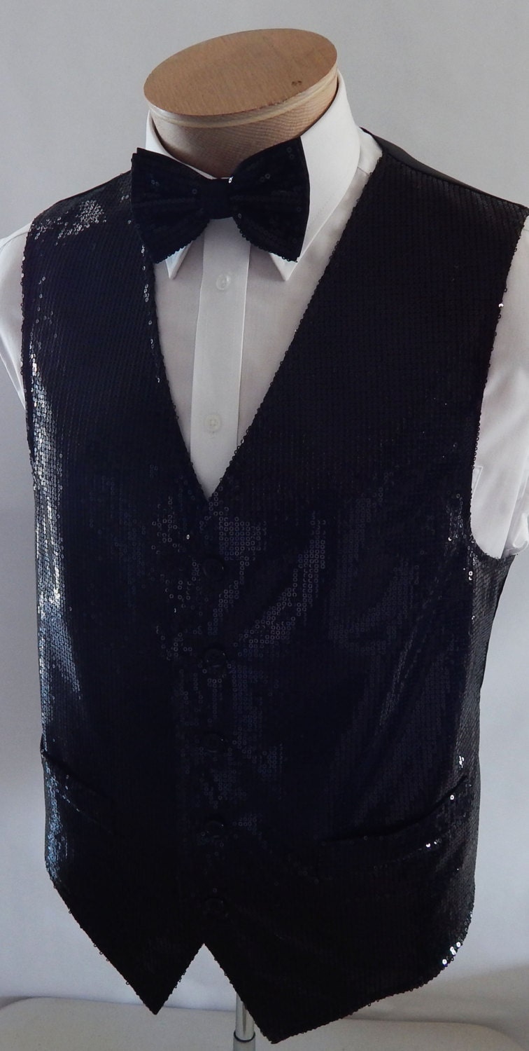 Mens Black Sequin Vest and Bow Tie Set
