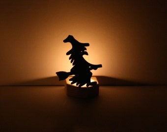 Halloween Candle Holder, Halloween Witch Candle Holder, Wooden Cutout Nightlight, Spooky Black Halloween Decor